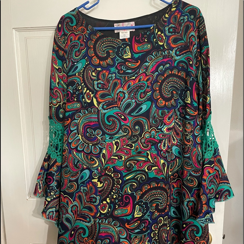 Paisley Print Bell-Sleeve Top in Teal & Multi - Unknown Brand